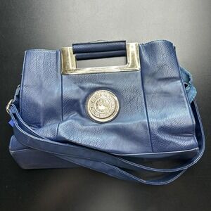 Vintage 90s Blue Leather Clutch Handbag Gold Metal Handle Women's Shoulder Bag